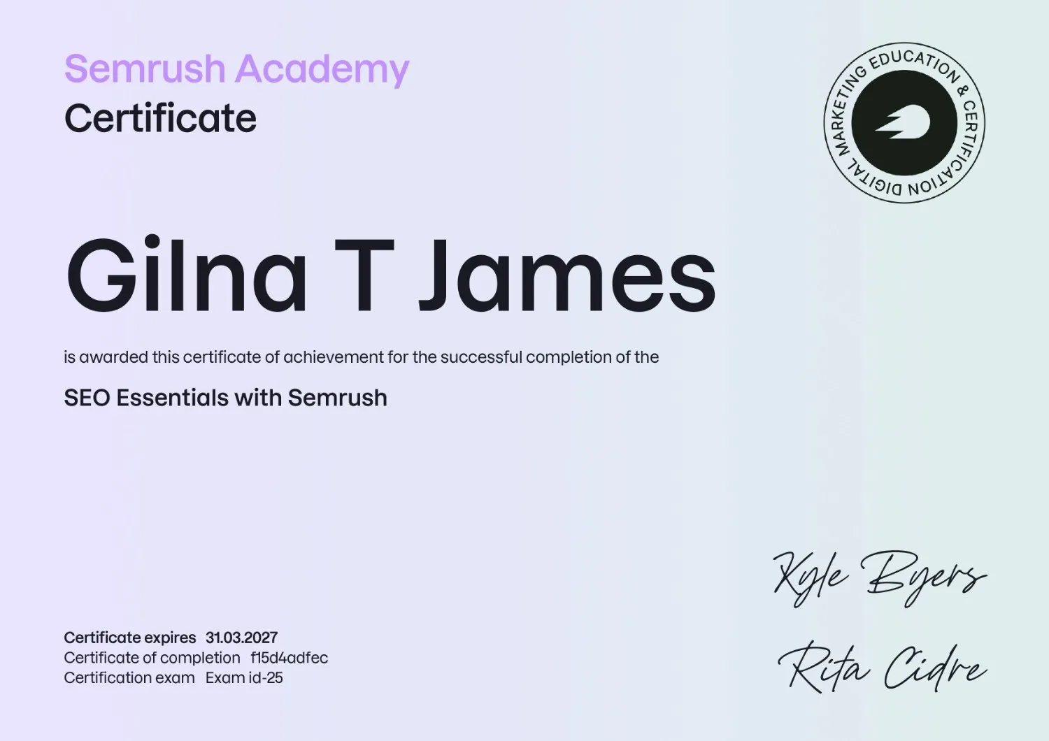 certificate seo semursh- Gilna James, Digital Marketer Chennai