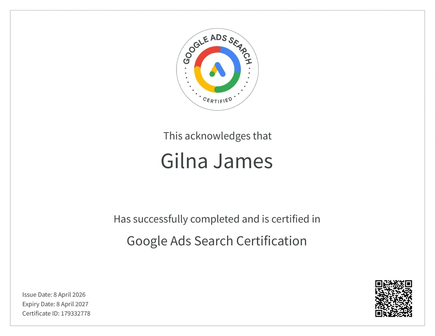 google Ads search certification- Gilna James, Digital Marketer Chennai