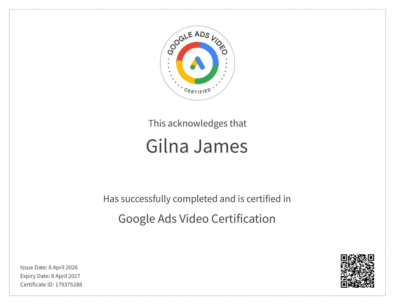 google Ads video certification- Gilna James, Digital Marketer Chennai