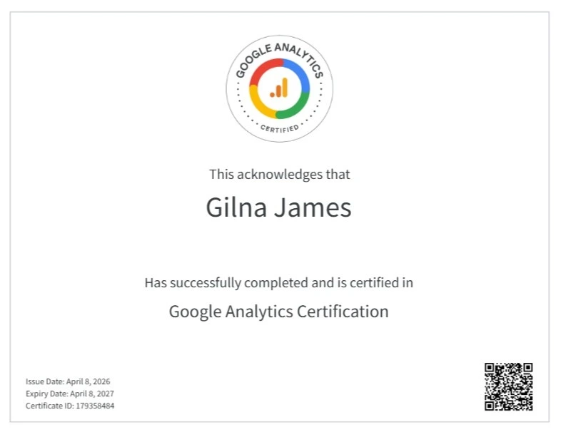 google analytics certification- Gilna James, Digital Marketer Chennai