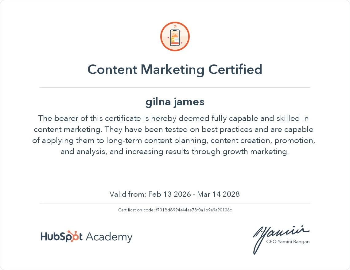 hubspot certificate- Gilna James, Digital Marketer Chennai